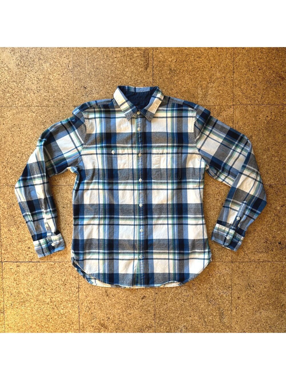 Gap Flannel Shirt Mens Large Blue White Plaid Organic Cotton Button Up Overshirt